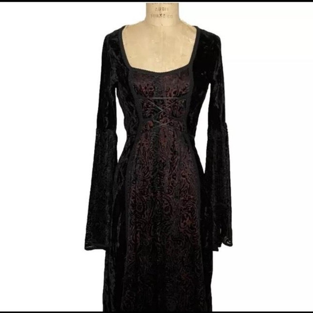 Lip Service vintage Y2K velvet maxi dress - red inlay & bell sleeves Size Medium - Picture 3 of 8